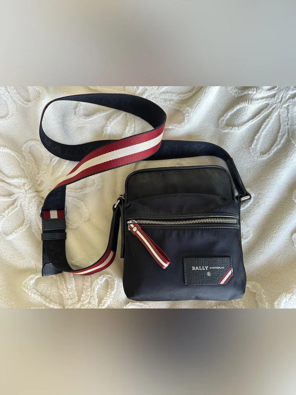 Bally Black Messenger/crossbody Bag with Red & White Striped Strap